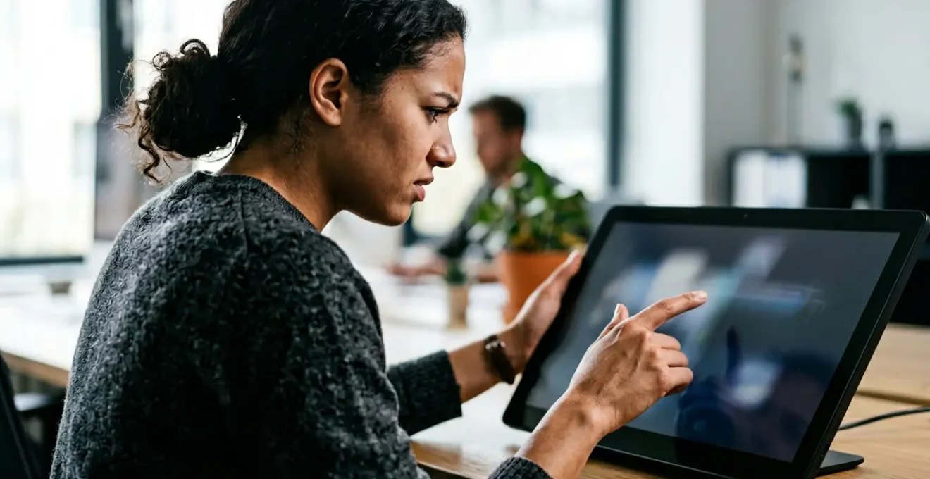 Interface utilisateur illustrant l'absence de feedback visuel avec un utilisateur perplexe devant un écran.