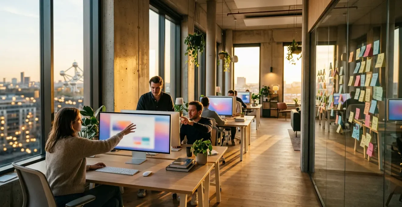 Espace de travail design moderne avec écrans montrant différentes interfaces de conception collaborative