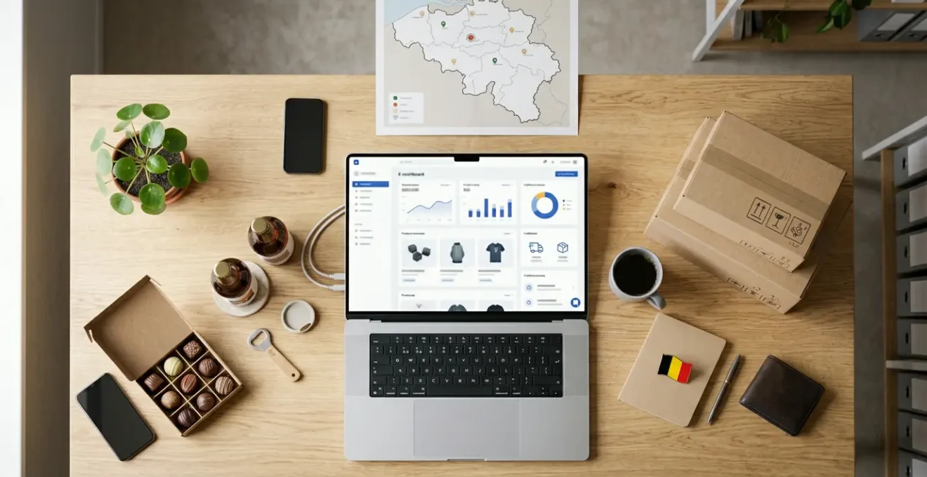Vue plongeante d'un bureau d'entrepreneur belge avec ordinateur portable montrant un catalogue en ligne, produits typiquement belges et carte de la Belgique