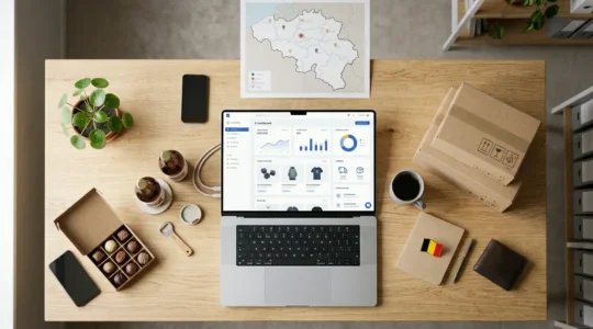 Vue plongeante d'un bureau d'entrepreneur belge avec ordinateur portable montrant un catalogue en ligne, produits typiquement belges et carte de la Belgique