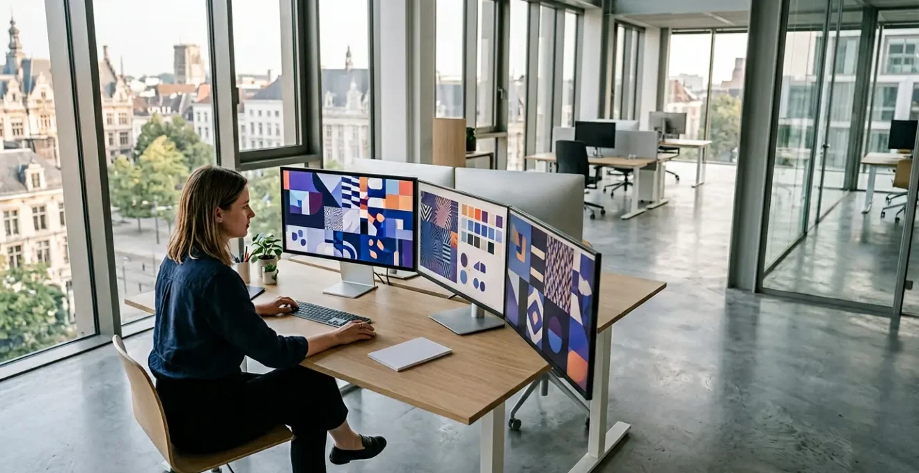 Vue aérienne d'un bureau moderne montrant un designer travaillant sur plusieurs écrans affichant des variations de déclinaisons d'identité visuelle pour différents supports