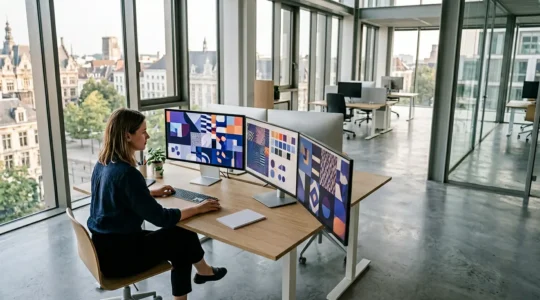 Vue aérienne d'un bureau moderne montrant un designer travaillant sur plusieurs écrans affichant des variations de déclinaisons d'identité visuelle pour différents supports