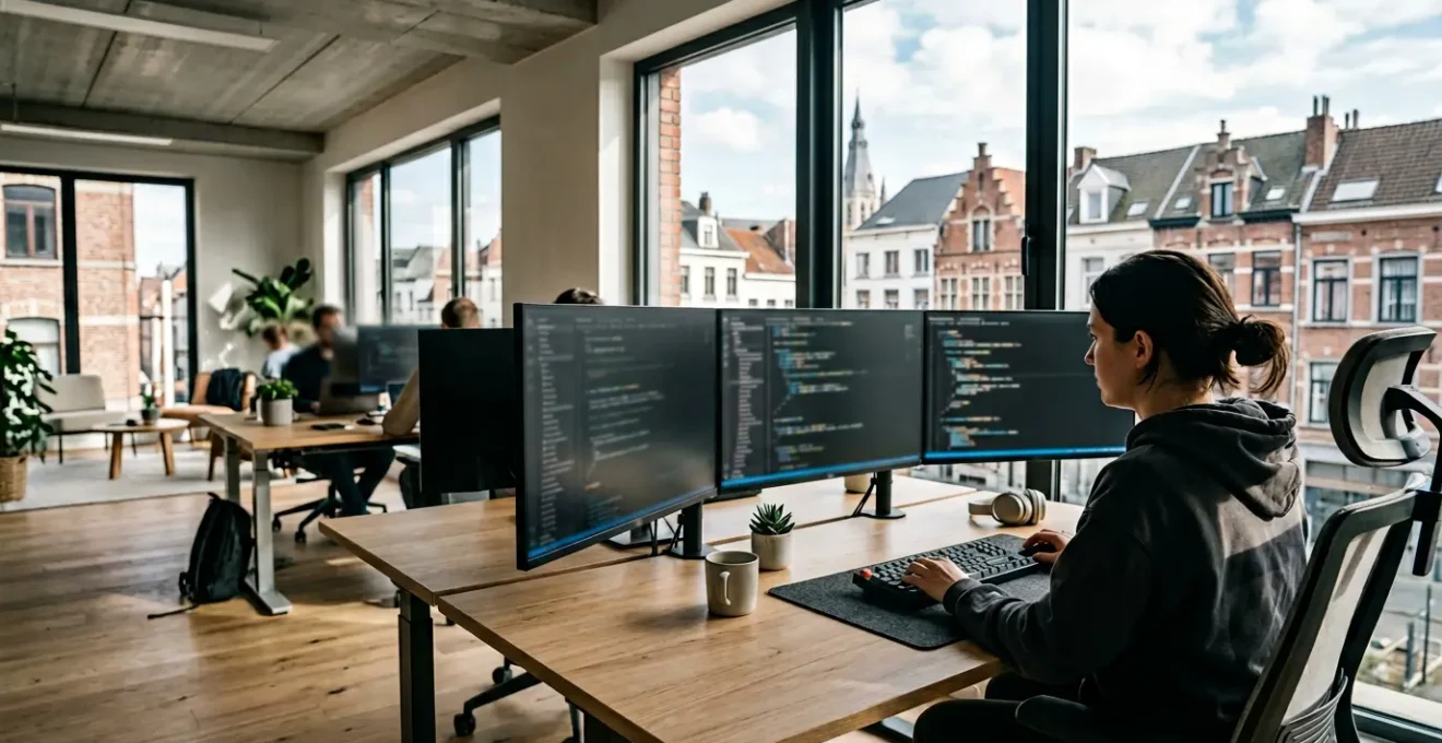 Un développeur examine du code HTML structuré sur un écran moderne dans un espace de travail épuré