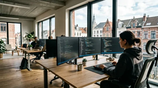 Un développeur examine du code HTML structuré sur un écran moderne dans un espace de travail épuré