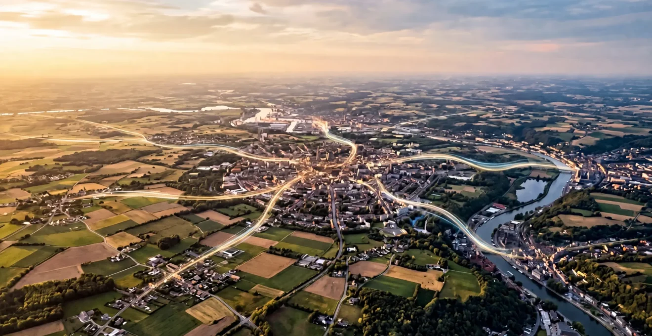 Vue aérienne d'une carte de la Belgique avec des points lumineux connectés représentant l'expansion d'un commerce local