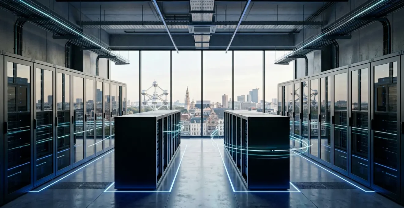 Infrastructure serveur moderne avec visualisation des flux de données et indicateurs de performance