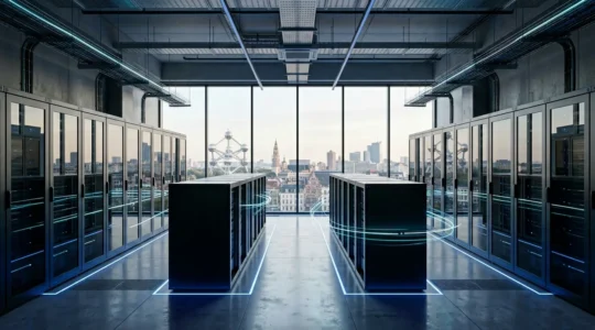 Infrastructure serveur moderne avec visualisation des flux de données et indicateurs de performance