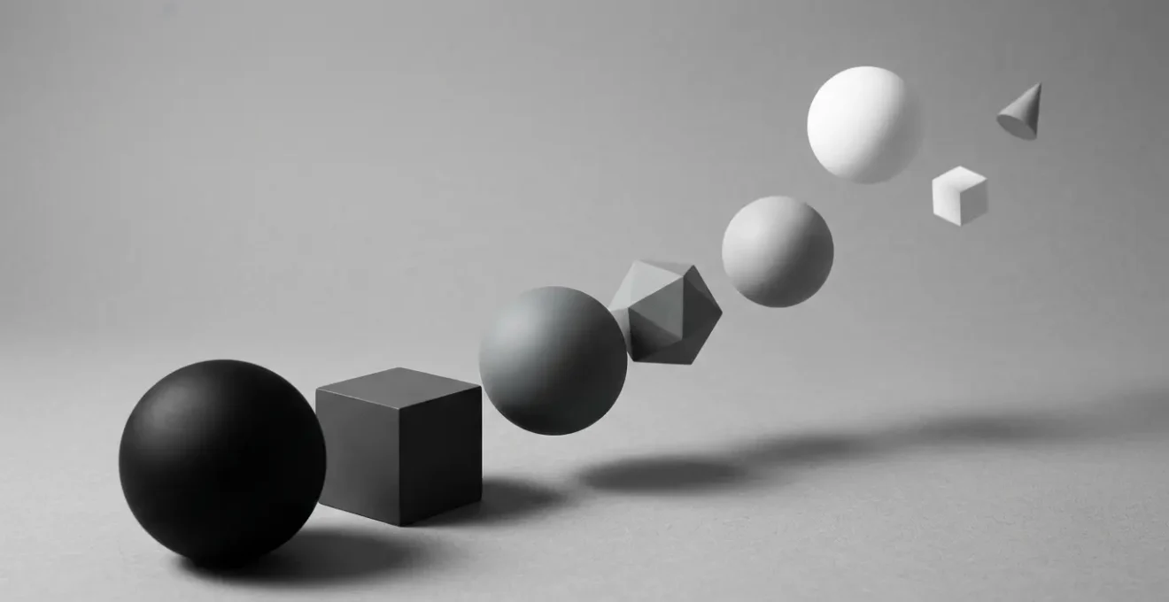 Interface design moderne montrant différents niveaux de contraste avec des éléments UI en dégradé du noir au blanc sur fond neutre