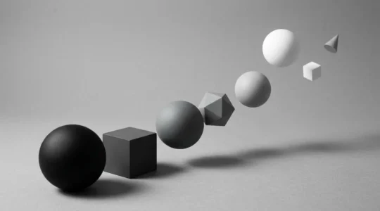 Interface design moderne montrant différents niveaux de contraste avec des éléments UI en dégradé du noir au blanc sur fond neutre