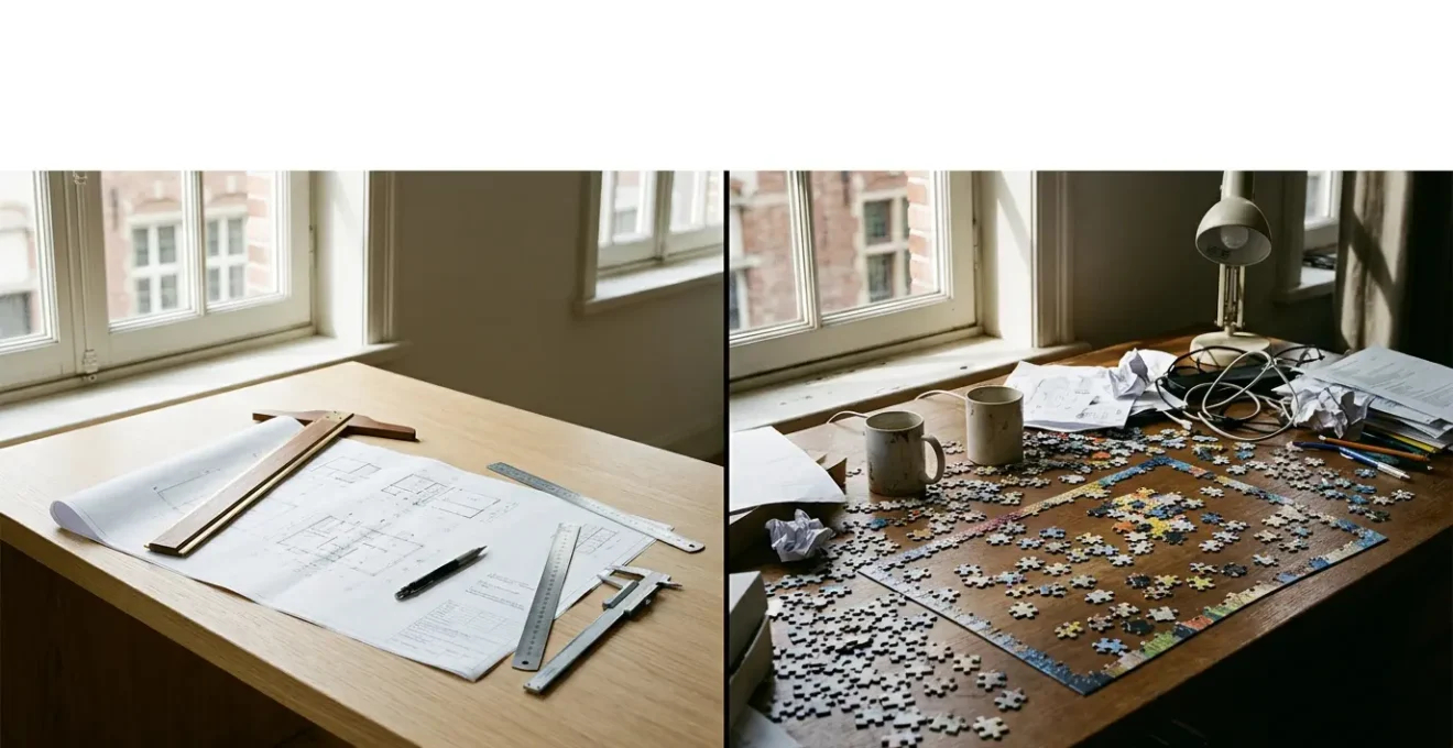 Comparaison visuelle entre développement sur-mesure et adaptation CMS dans un environnement de travail belge