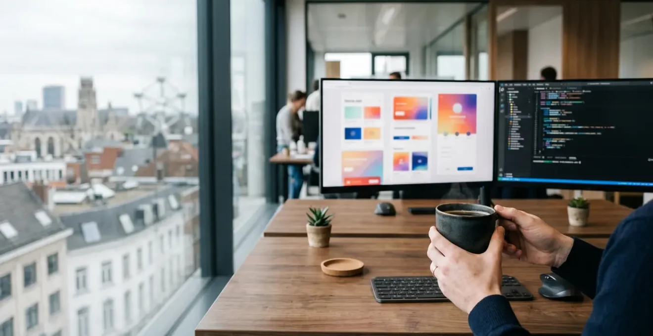 Bureau moderne avec deux écrans montrant du code et des interfaces utilisateur, symbolisant le choix entre développement Full-Stack et Front-End