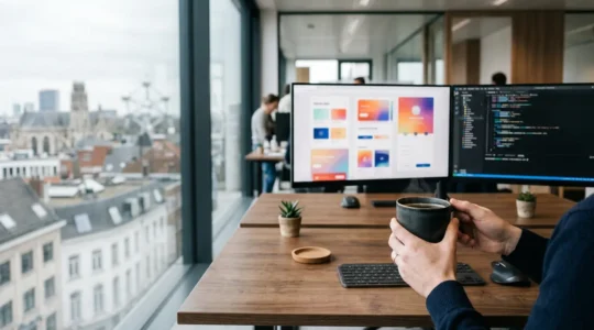 Bureau moderne avec deux écrans montrant du code et des interfaces utilisateur, symbolisant le choix entre développement Full-Stack et Front-End