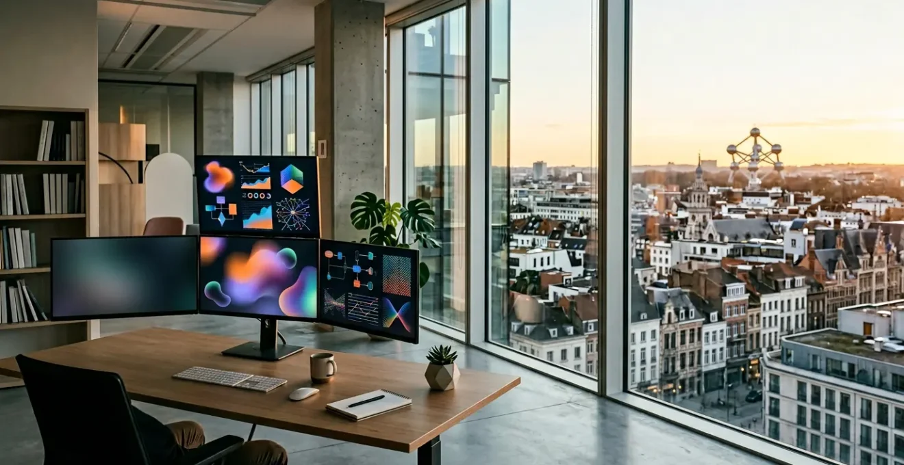 Développeur analysant des données sur plusieurs écrans dans un bureau moderne avec vue sur Bruxelles
