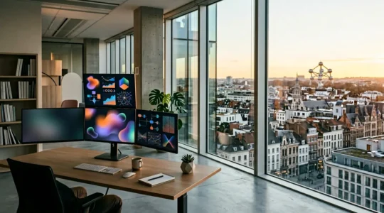 Développeur analysant des données sur plusieurs écrans dans un bureau moderne avec vue sur Bruxelles