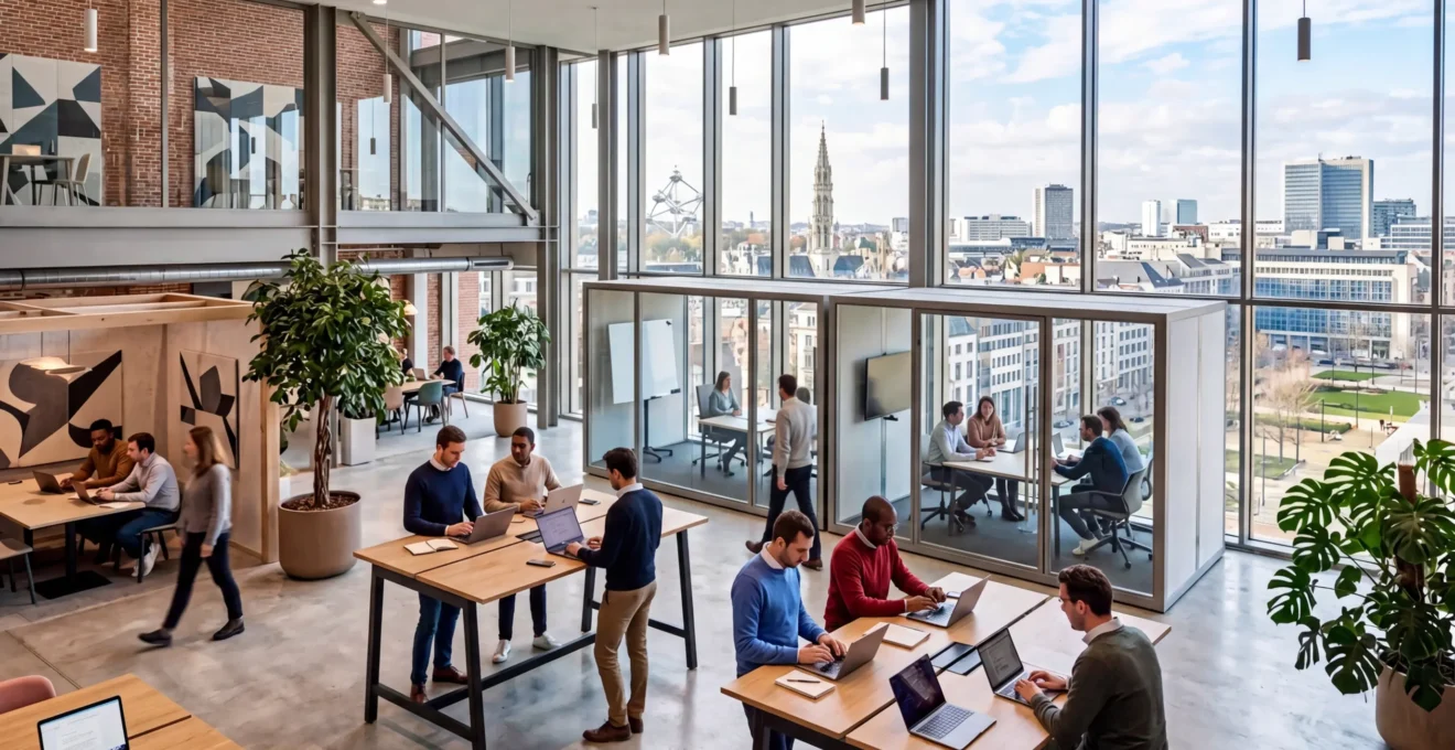 Vue aérienne de l'écosystème technologique belge avec hubs d'innovation et espaces de coworking modernes