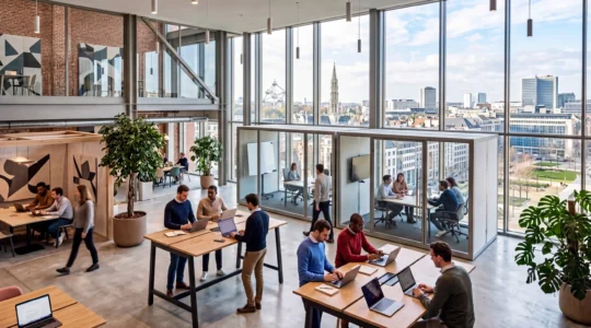 Vue aérienne de l'écosystème technologique belge avec hubs d'innovation et espaces de coworking modernes