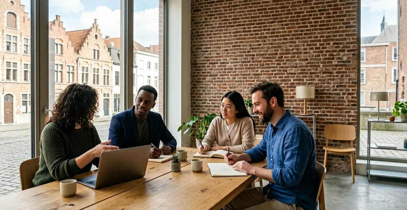 Entrepreneurs travaillant ensemble sur Shopify dans un espace de coworking belge