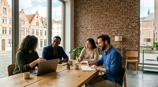 Entrepreneurs travaillant ensemble sur Shopify dans un espace de coworking belge
