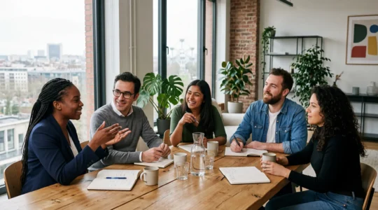Équipe éditoriale réunie autour d'une table de travail pour une décision stratégique sur le choix du CMS
