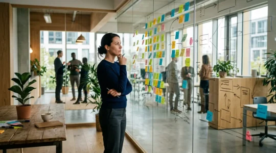 Expert marketing analysant des données d'études de cas B2B sur tableau interactif