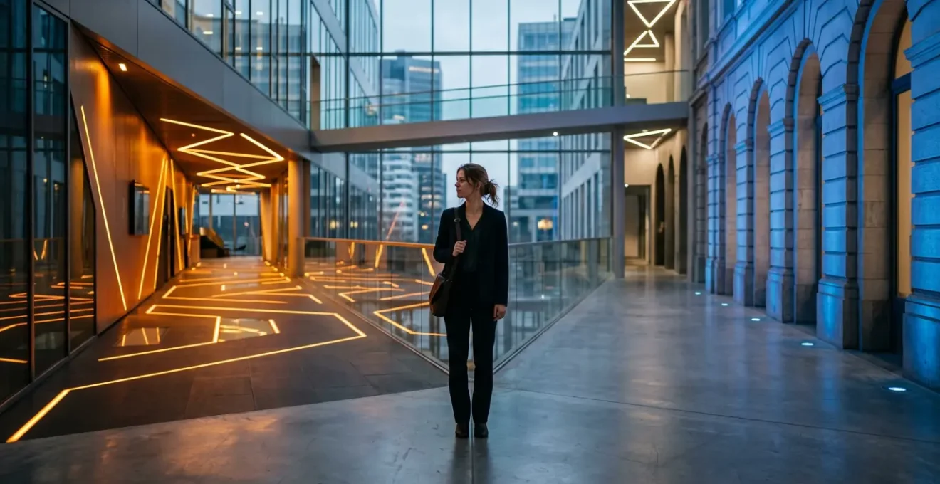 Jeune développeur belge devant deux portes lumineuses symbolisant le choix entre bootcamp et université, dans un espace moderne