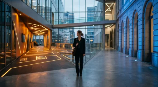 Jeune développeur belge devant deux portes lumineuses symbolisant le choix entre bootcamp et université, dans un espace moderne