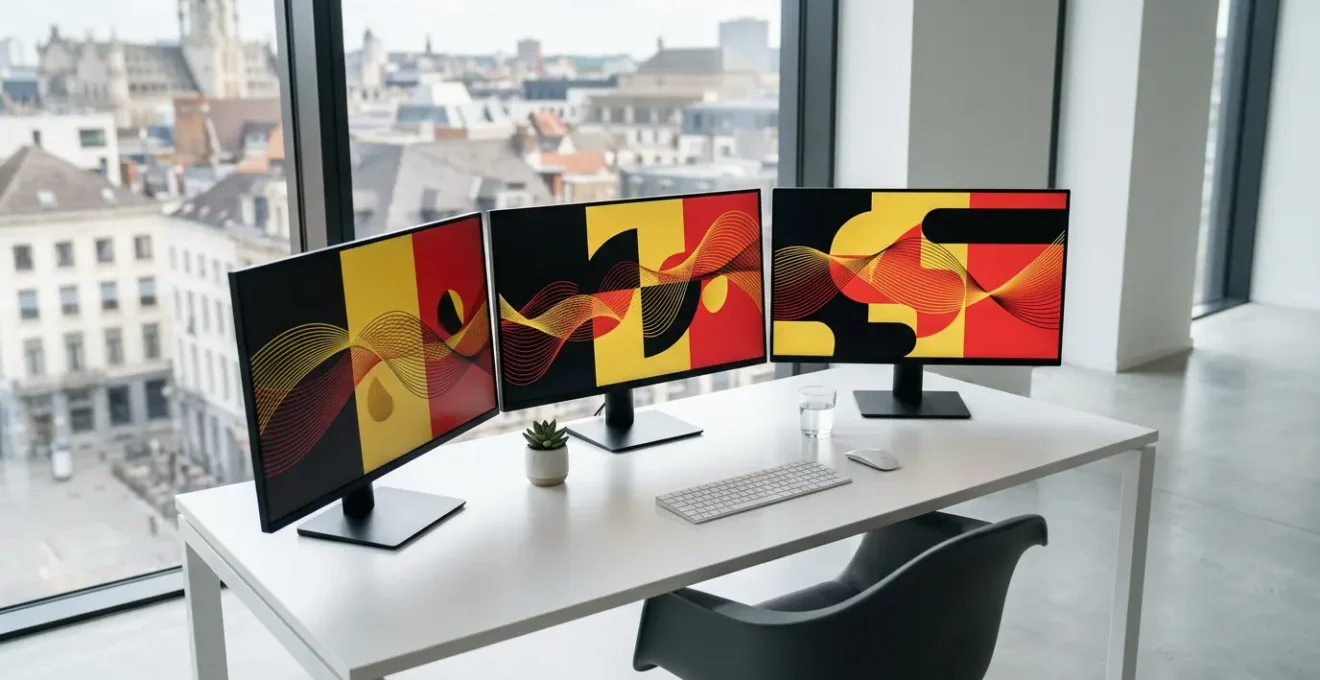 Interface de gestion multilingue avec drapeaux belges et écrans montrant différentes langues