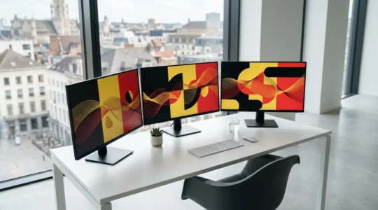 Interface de gestion multilingue avec drapeaux belges et écrans montrant différentes langues