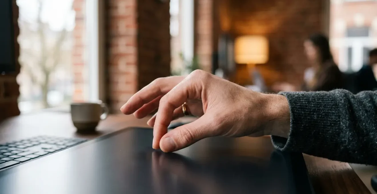 Main d'un designer belge ajustant délicatement l'espacement typographique sur un écran dans un bureau moderne de Bruxelles