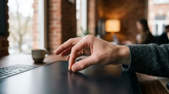 Main d'un designer belge ajustant délicatement l'espacement typographique sur un écran dans un bureau moderne de Bruxelles