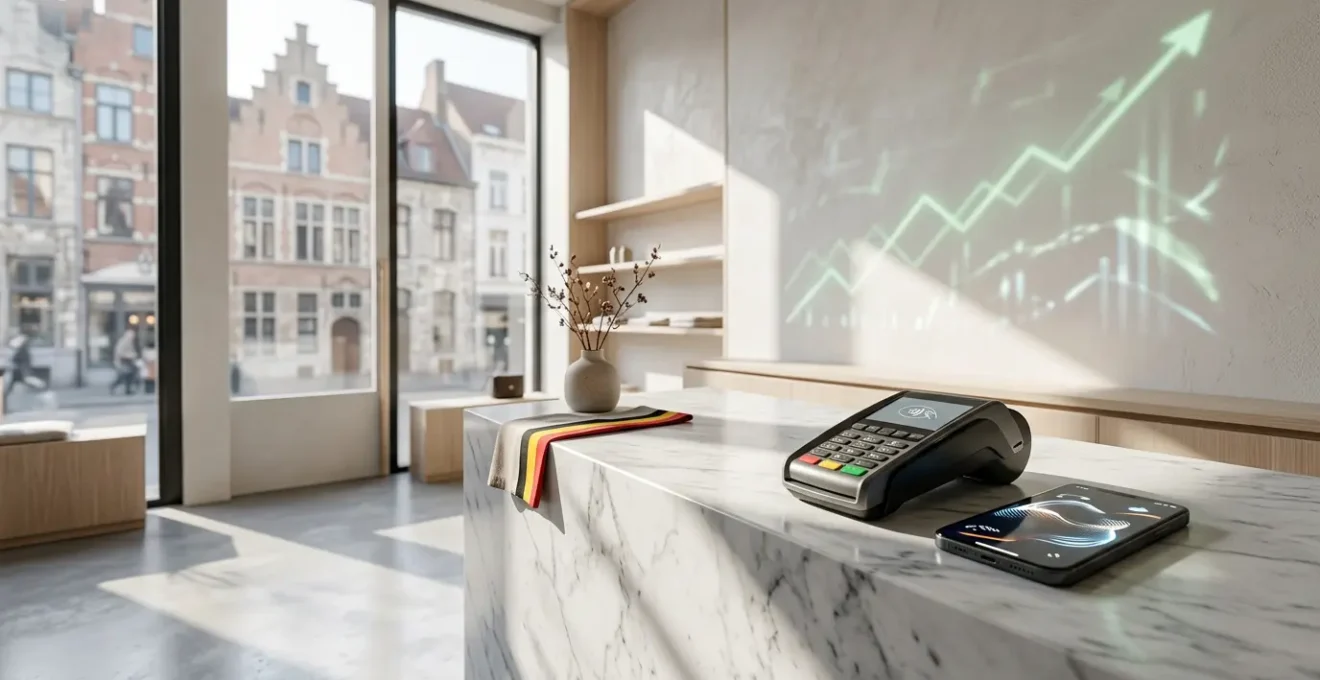 Point de vente numérique belge moderne montrant l'intégration fluide des paiements Bancontact avec des graphiques de croissance