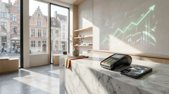 Point de vente numérique belge moderne montrant l'intégration fluide des paiements Bancontact avec des graphiques de croissance