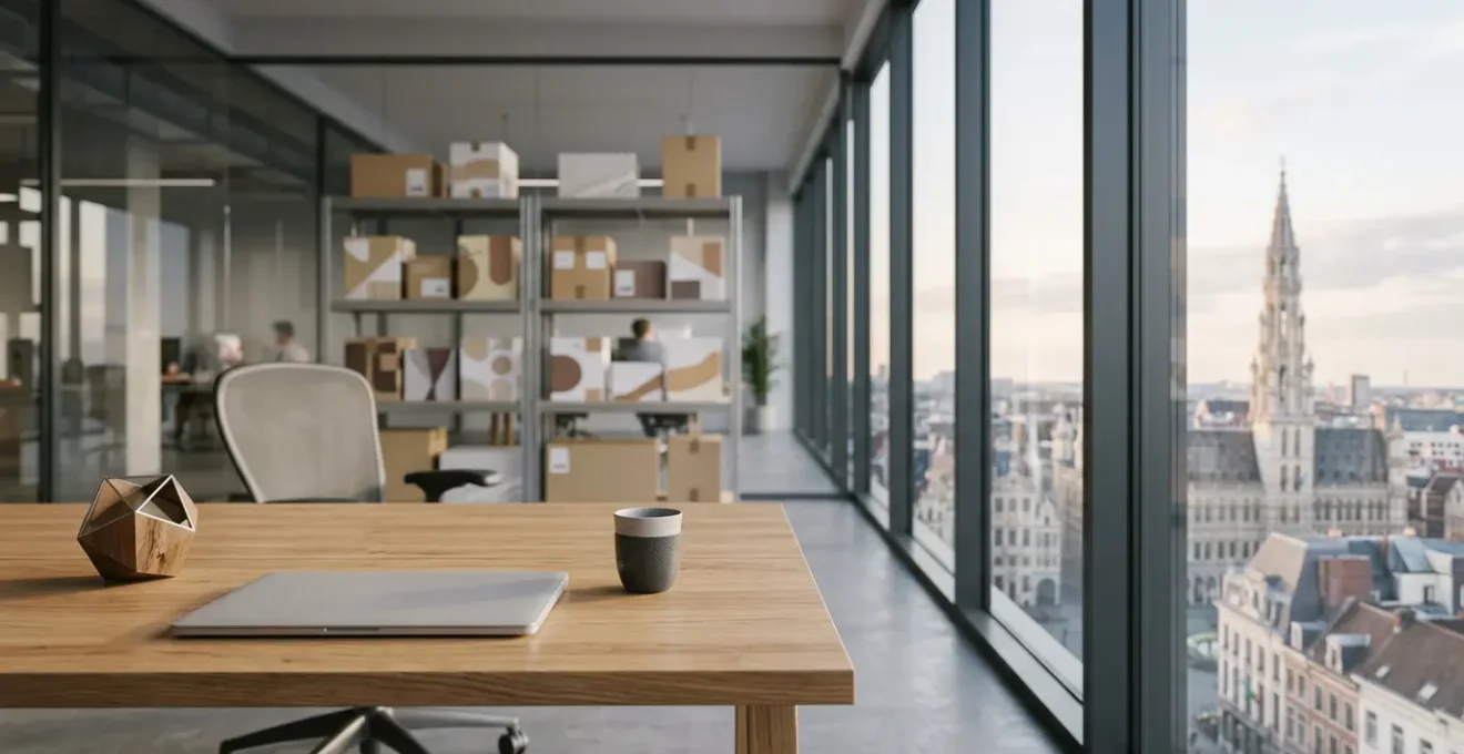 Bureau moderne avec écran affichant interface Odoo et produits e-commerce en arrière-plan