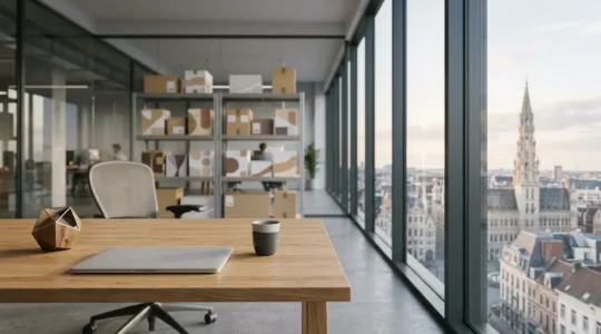 Bureau moderne avec écran affichant interface Odoo et produits e-commerce en arrière-plan