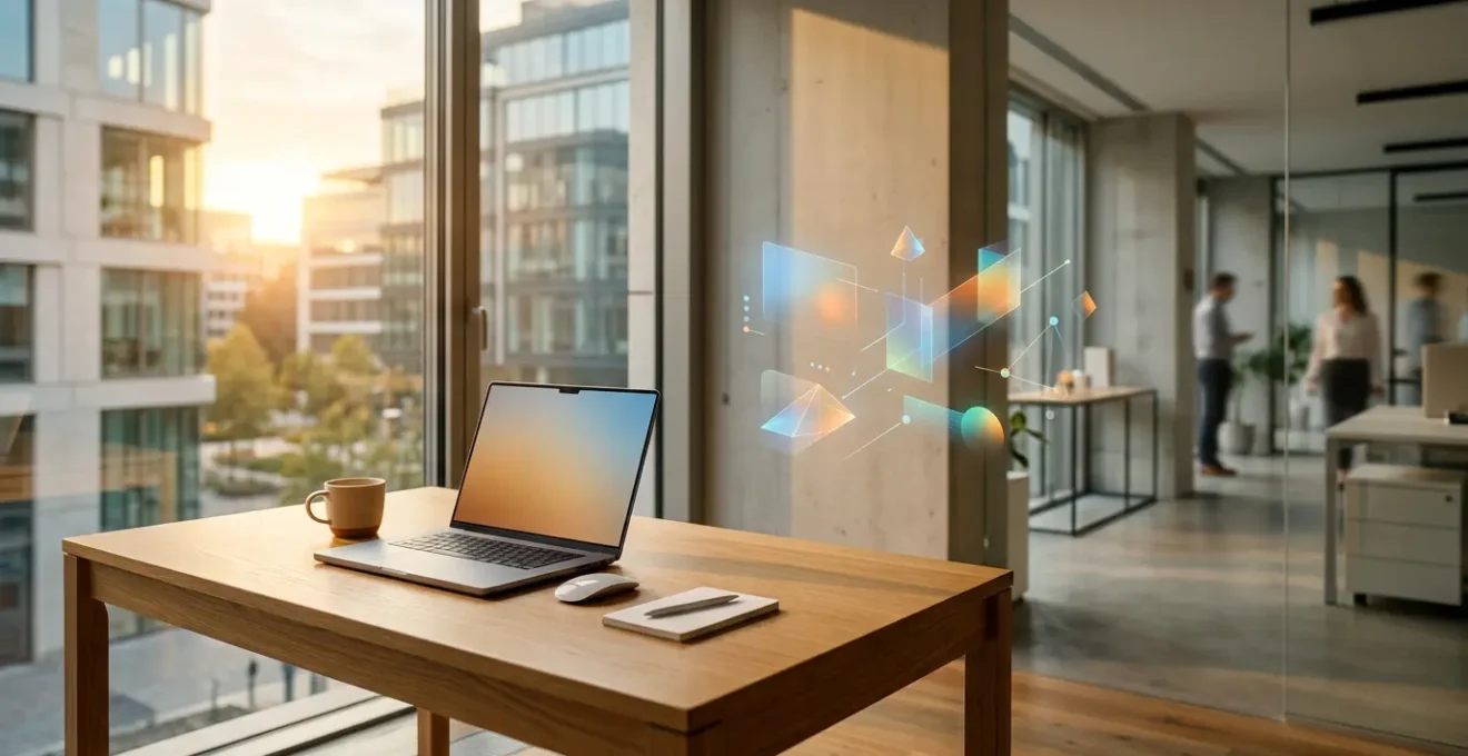 Vue professionnelle d'un espace de travail moderne avec tableau de bord analytique sur écran, graphiques de performance et éléments visuels symbolisant la mesure et l'analyse de données web