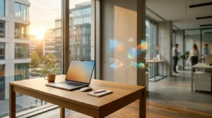 Vue professionnelle d'un espace de travail moderne avec tableau de bord analytique sur écran, graphiques de performance et éléments visuels symbolisant la mesure et l'analyse de données web