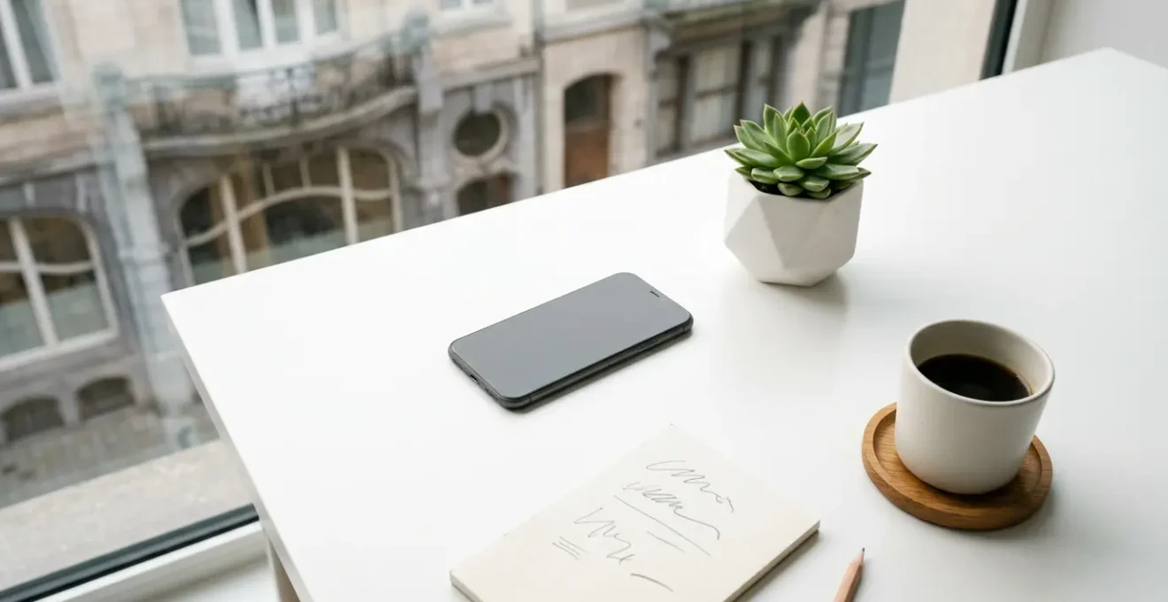 Vue aérienne d'un espace de travail minimaliste avec un smartphone montrant une interface épurée, entouré d'éléments de design simples et organisés