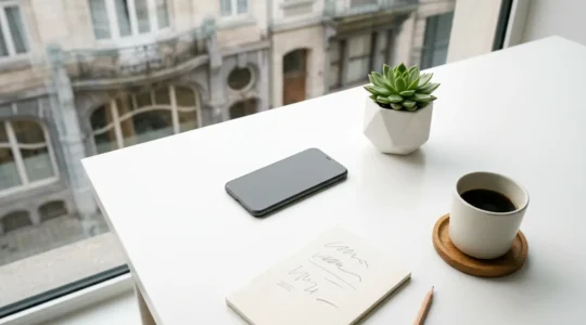 Vue aérienne d'un espace de travail minimaliste avec un smartphone montrant une interface épurée, entouré d'éléments de design simples et organisés