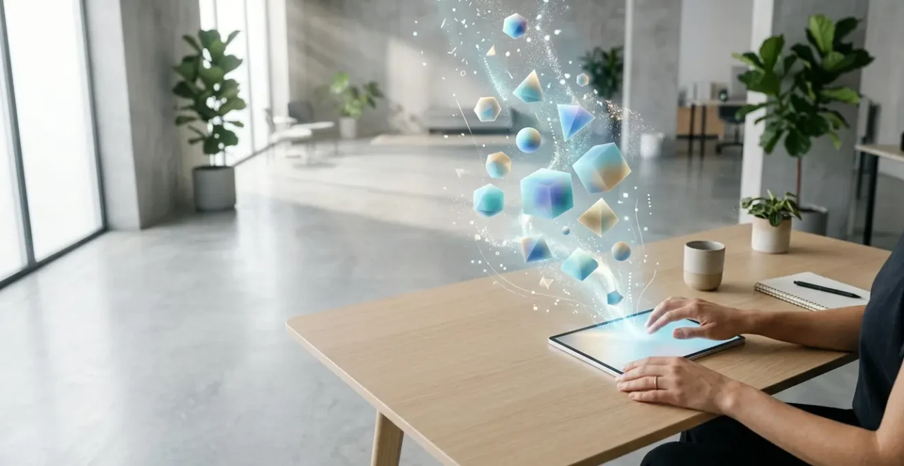 Vue cinématique d'un écran défilant avec des éléments animés flottants représentant l'engagement utilisateur