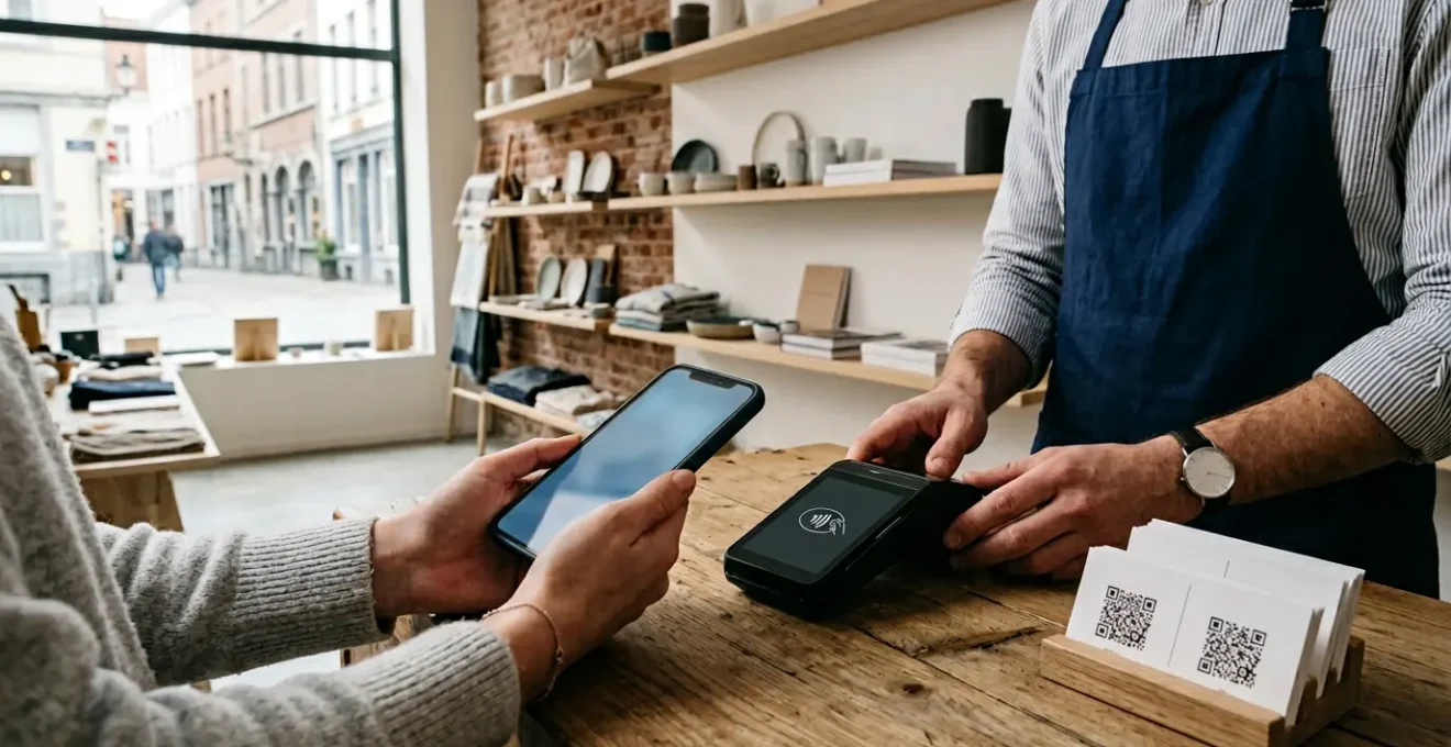 Scène de commerce belge avec différents moyens de paiement électroniques, QR codes et terminaux modernes