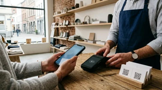 Scène de commerce belge avec différents moyens de paiement électroniques, QR codes et terminaux modernes