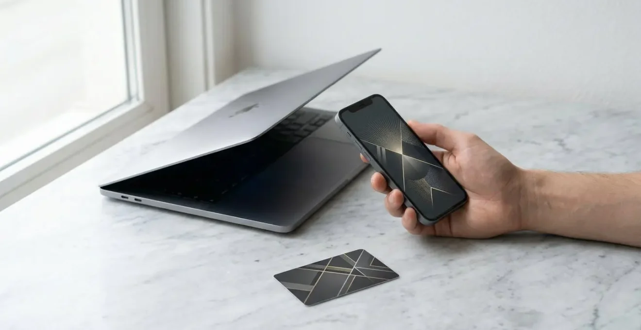 Interface de paiement en ligne simplifiée avec carte bleue et smartphone montrant une progression fluide du checkout