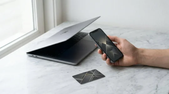 Interface de paiement en ligne simplifiée avec carte bleue et smartphone montrant une progression fluide du checkout