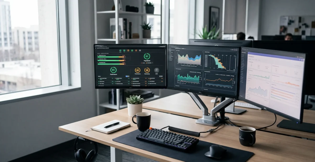 Configuration d'ordinateur avec écrans multiples montrant des graphiques de performance web et des indicateurs de vitesse de chargement