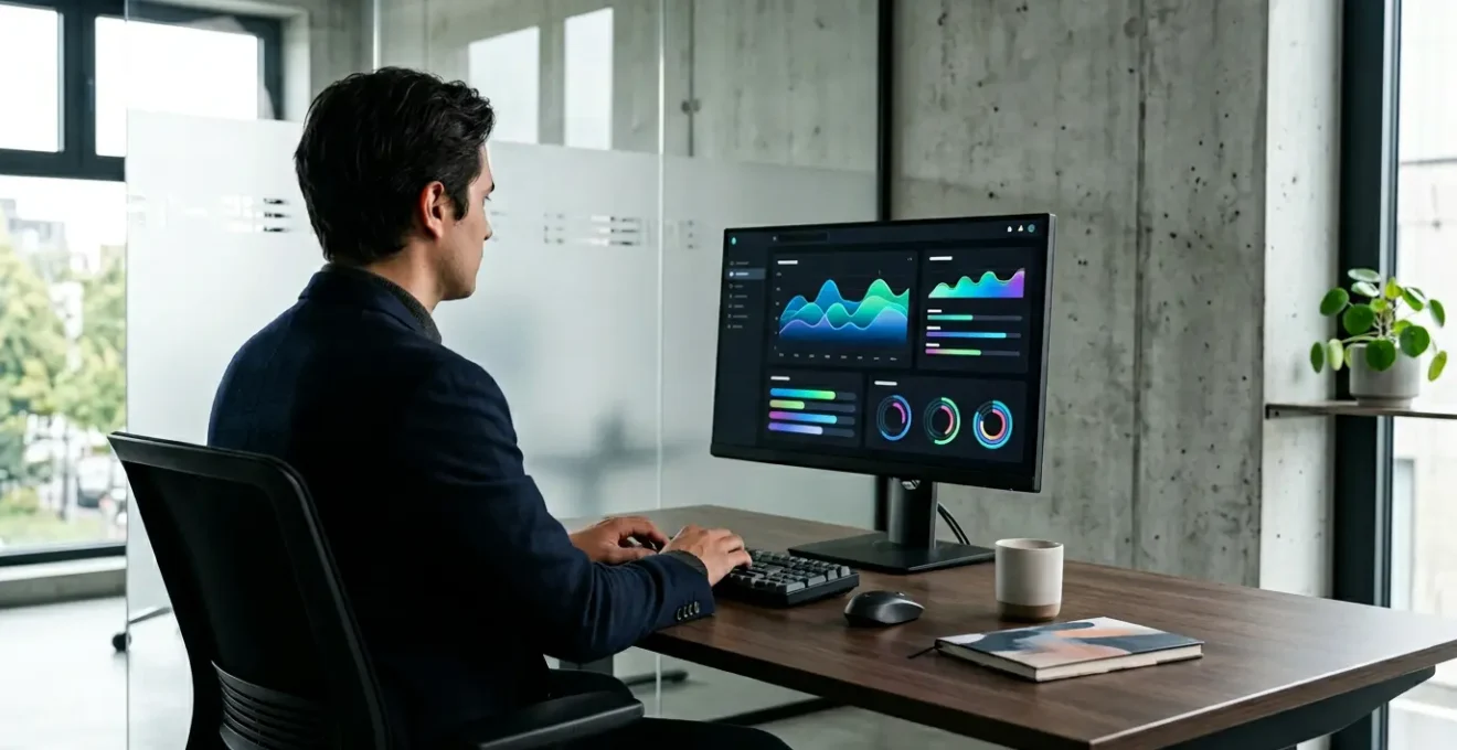 Vue de trois-quarts arrière d'un professionnel analysant des graphiques de performance web sur un écran haute définition dans un environnement de travail moderne