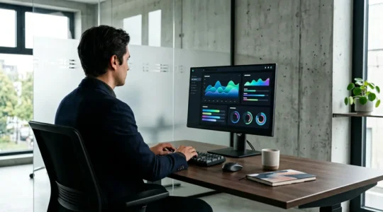 Vue de trois-quarts arrière d'un professionnel analysant des graphiques de performance web sur un écran haute définition dans un environnement de travail moderne