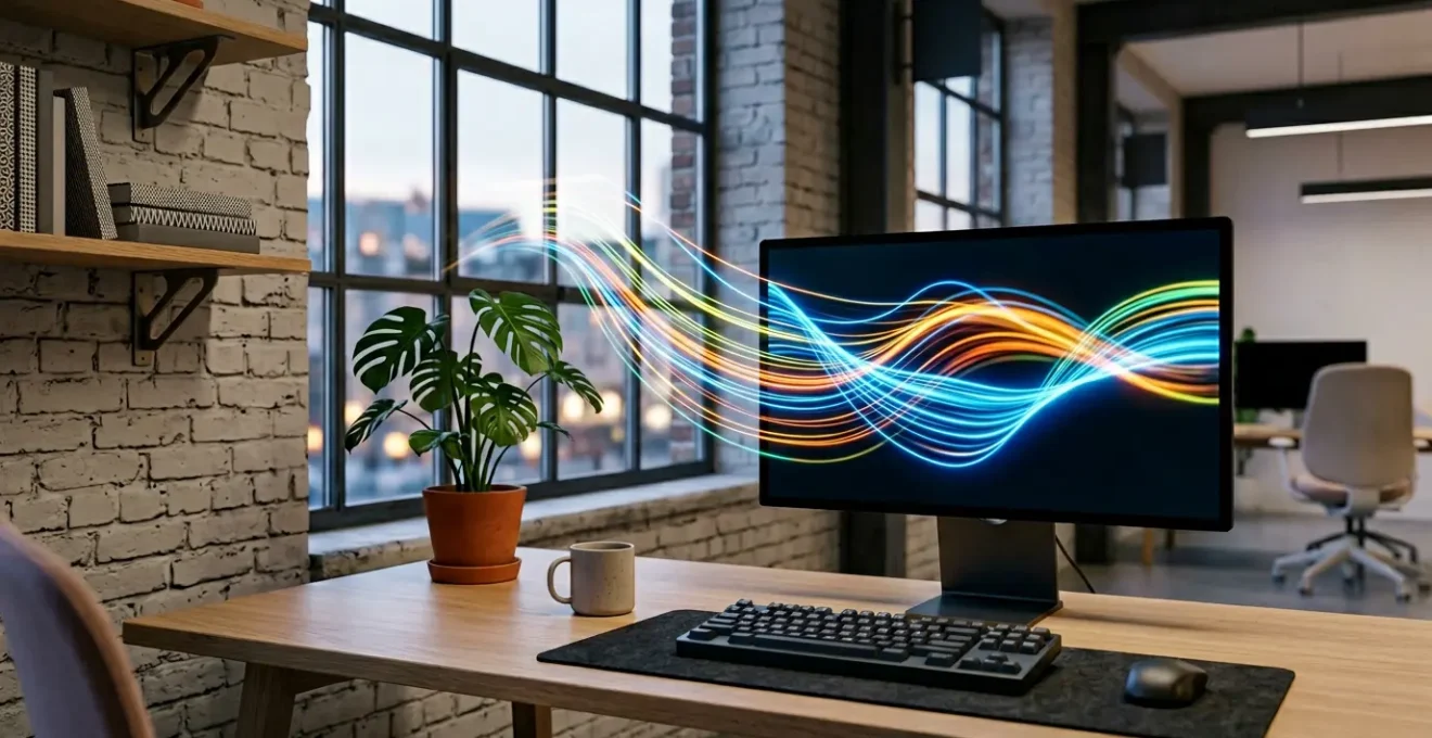 Ordinateur moderne affichant des indicateurs de performance web dans un environnement professionnel épuré