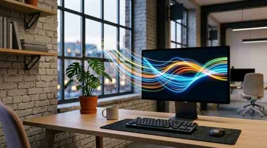 Ordinateur moderne affichant des indicateurs de performance web dans un environnement professionnel épuré