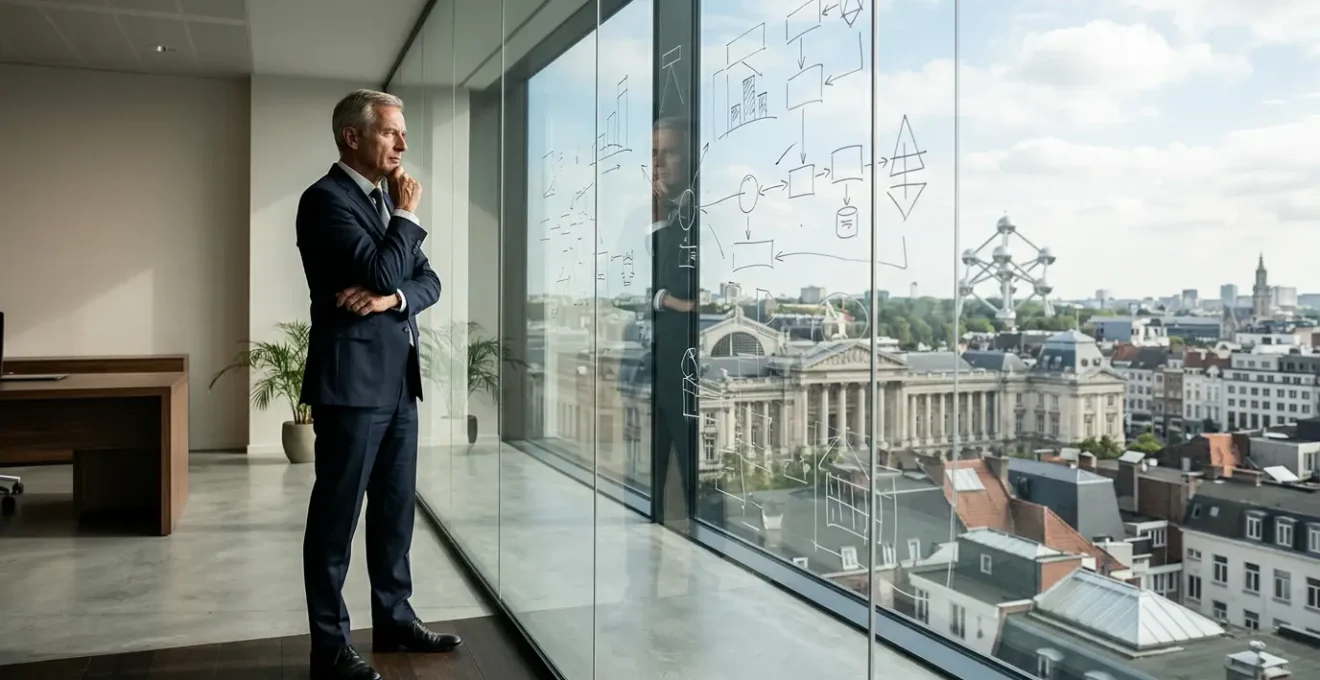 Un dirigeant d'entreprise analysant des architectures technologiques dans un bureau moderne à Bruxelles