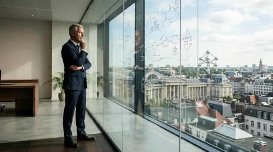 Un dirigeant d'entreprise analysant des architectures technologiques dans un bureau moderne à Bruxelles